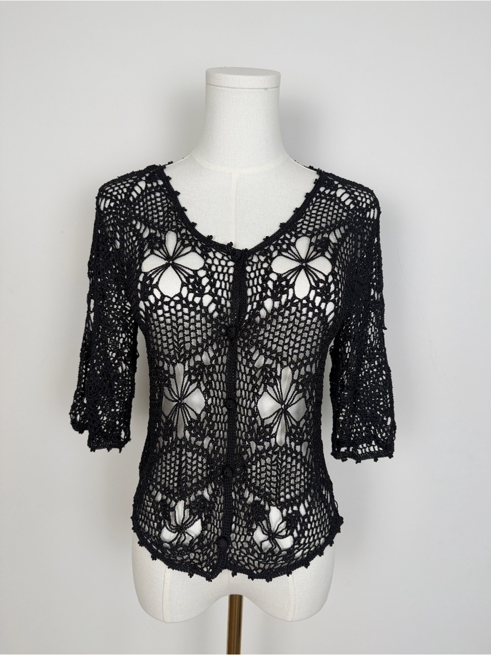 Y2K Vintage Kroshetta by Papillon Black Floral Lace Crochet Cardigan Top M